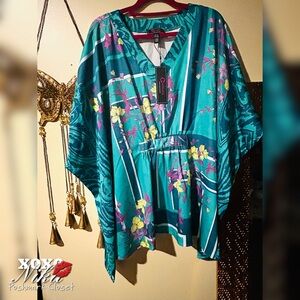 Christian Siriano Teal Floral V-Neck Tunic - Size XL/1X